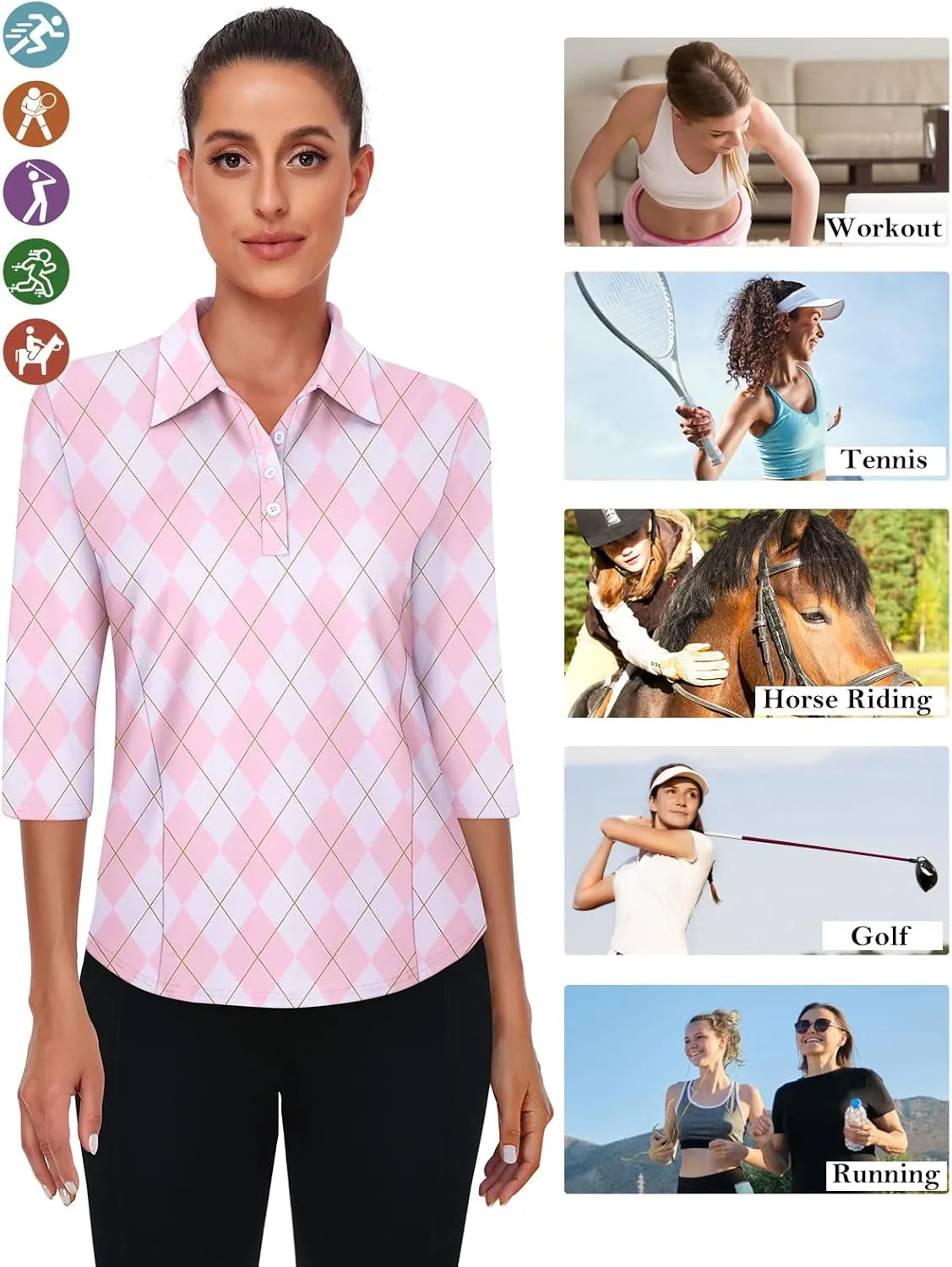 Zamowoty Women's 3/4 Sleeve Golf Tennis Polo Shirts 4-Button Dry Fit Workout Tops Athletic Shirt UPF50 