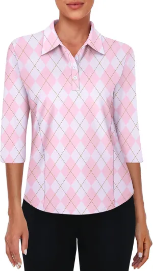 Zamowoty Women's 3/4 Sleeve Golf Tennis Polo Shirts 4-Button Dry Fit Workout Tops Athletic Shirt UPF50 